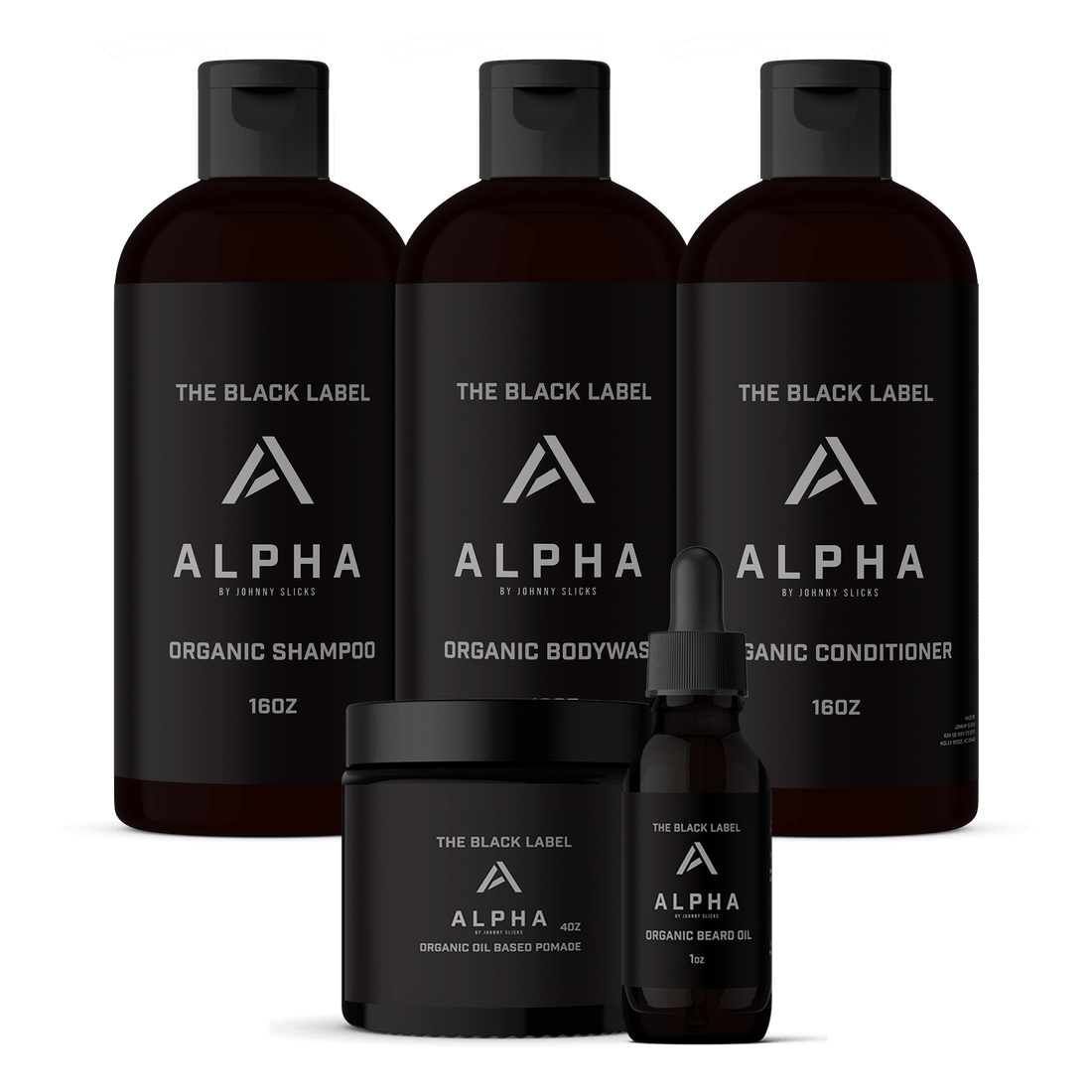 The Executive Alpha Set containing bottles of organic shampoo, conditioner, body wash, hair pomade, and beard oil in black packaging.