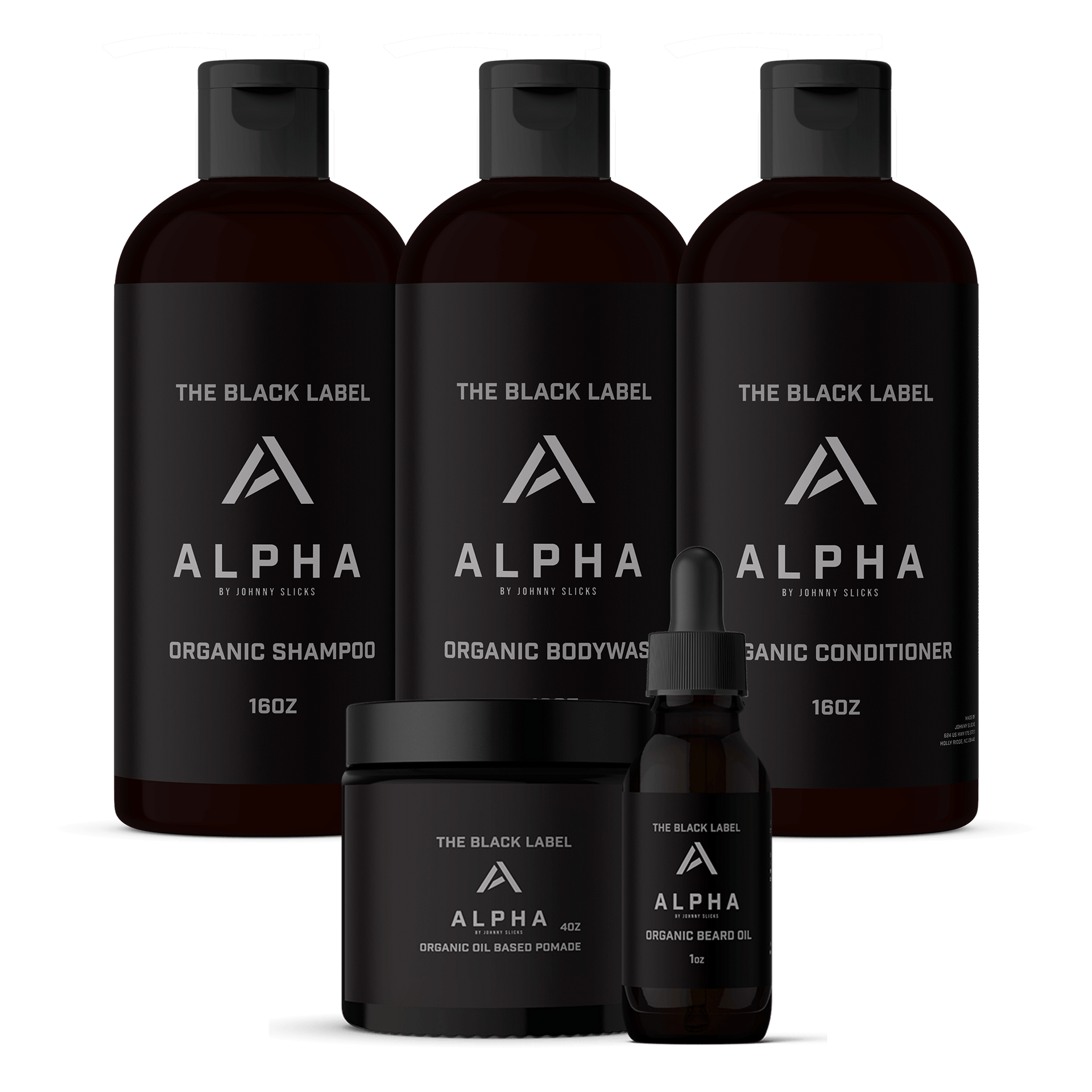 The Executive Alpha Set containing bottles of organic shampoo, conditioner, body wash, hair pomade, and beard oil in black packaging.