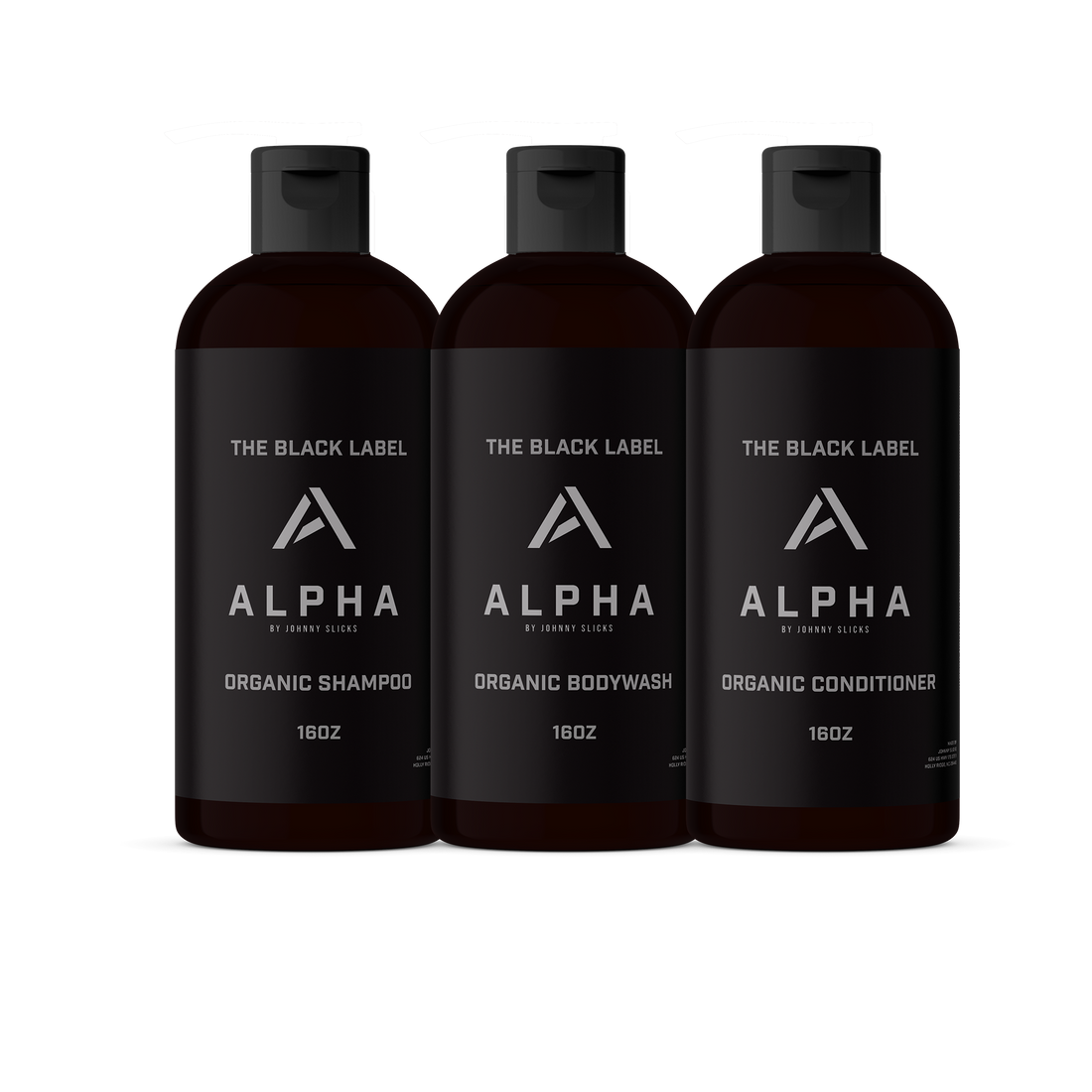 Three 16oz bottles of Black Label organic shower products including shampoo, body wash, and conditioner.