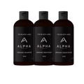 Three 16oz bottles of Black Label organic shower products including shampoo, body wash, and conditioner.