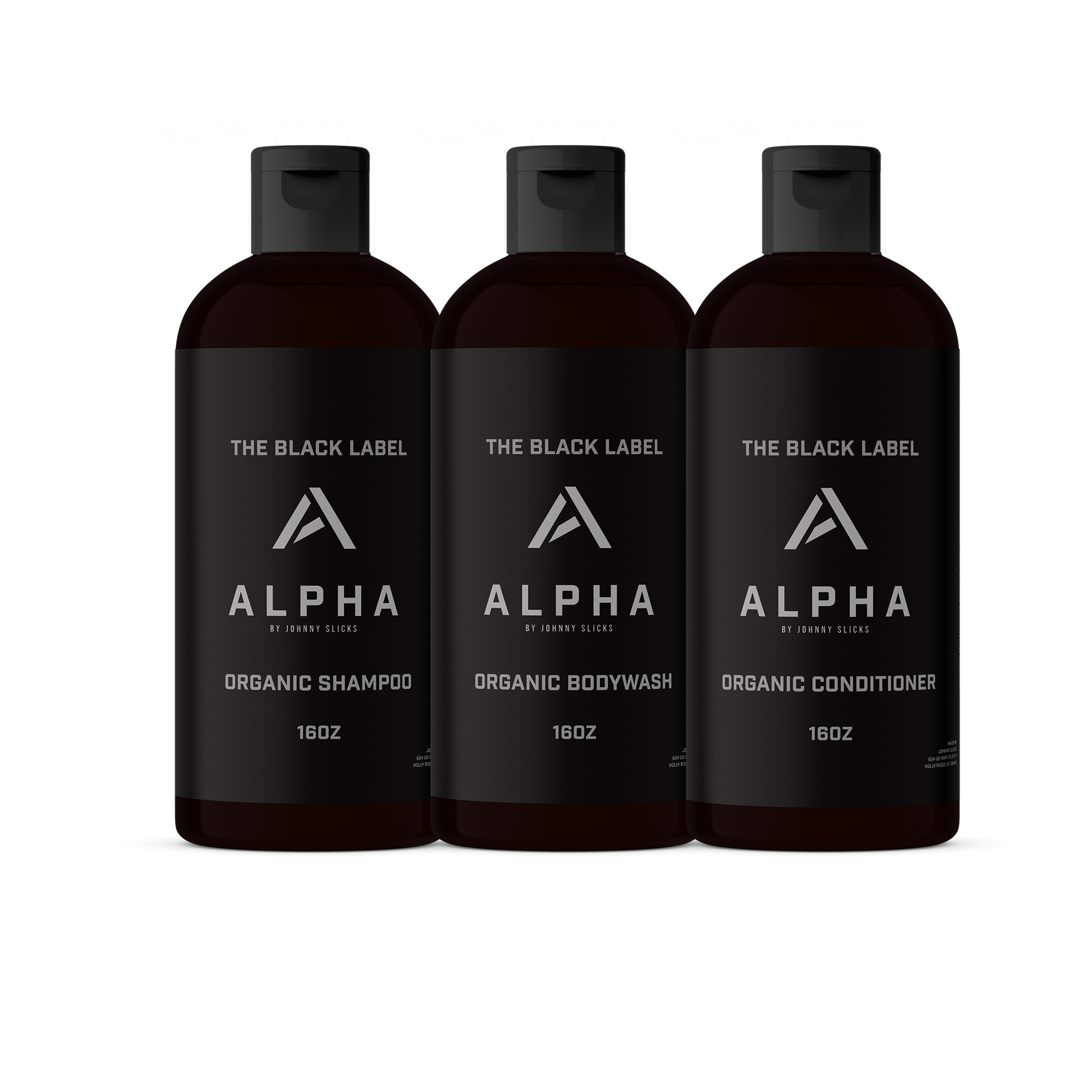 Three 16oz bottles of Black Label organic shower products including shampoo, body wash, and conditioner.