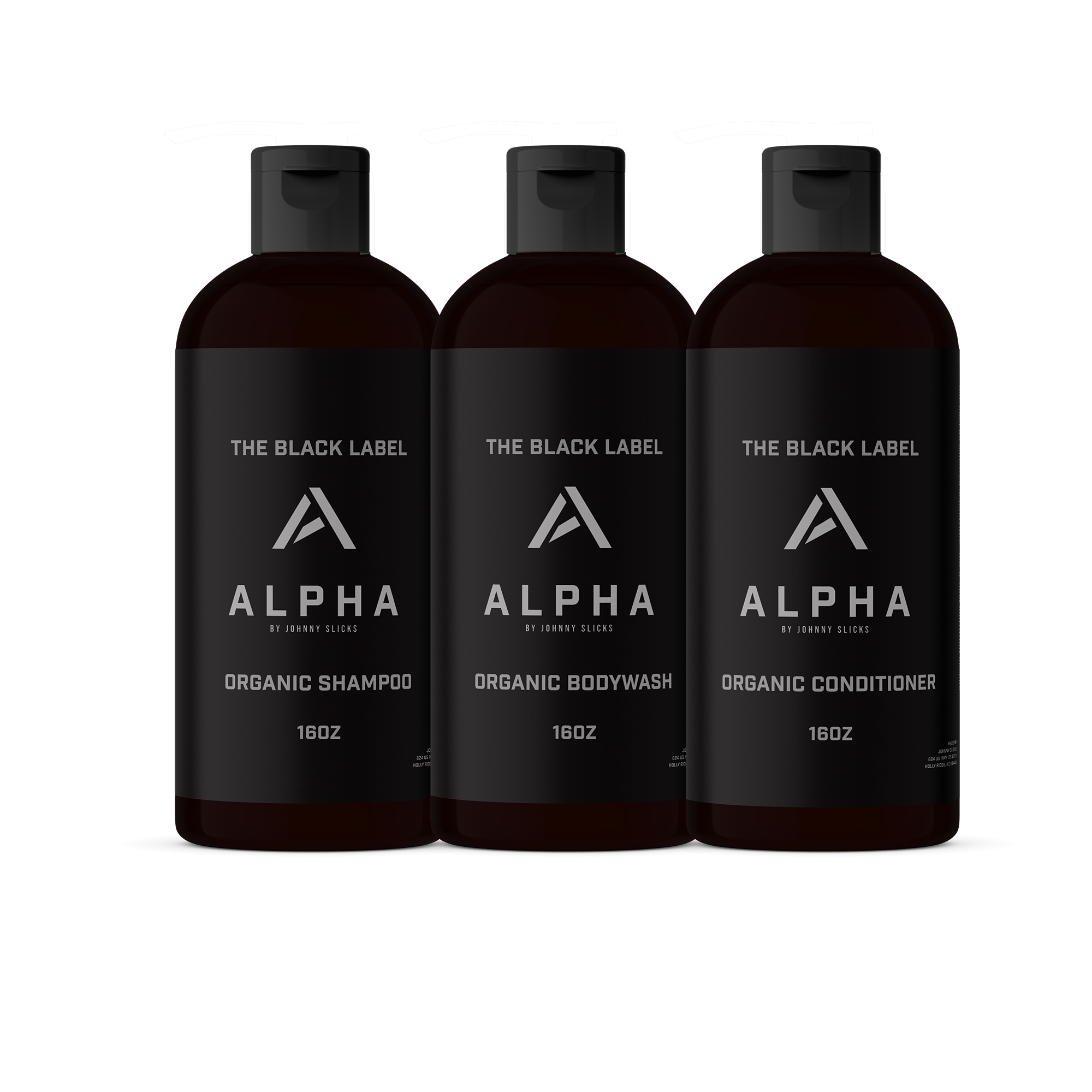 Three 16oz bottles of Black Label organic shower products including shampoo, body wash, and conditioner.