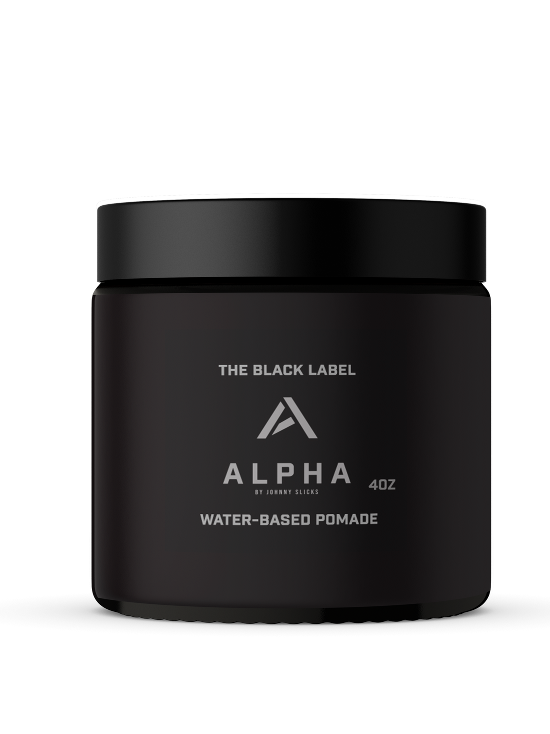 Black jar of Alpha Water Based Pomade with professional branding held by a man in a suit