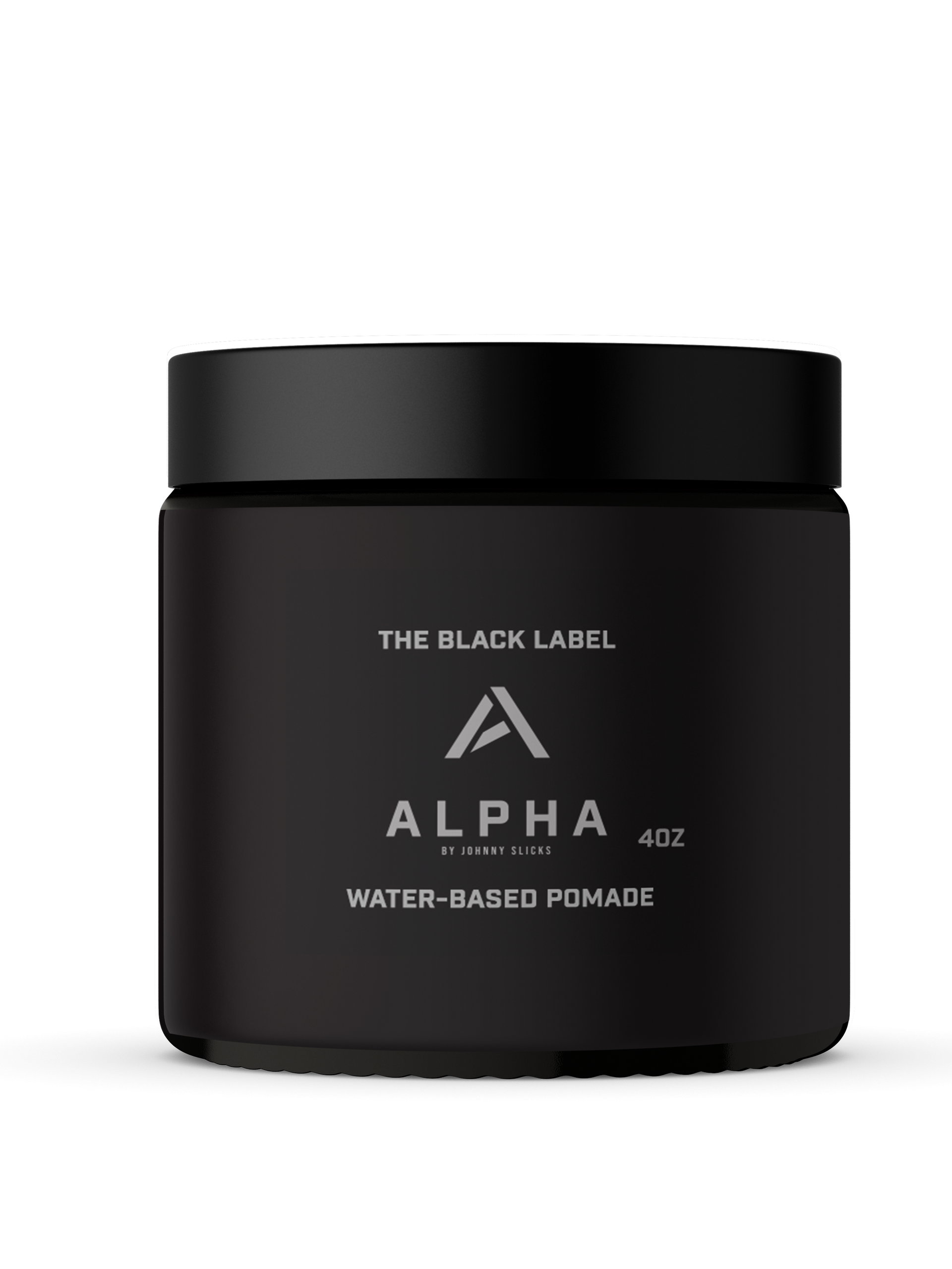 Black jar of Alpha Water Based Pomade with professional branding held by a man in a suit