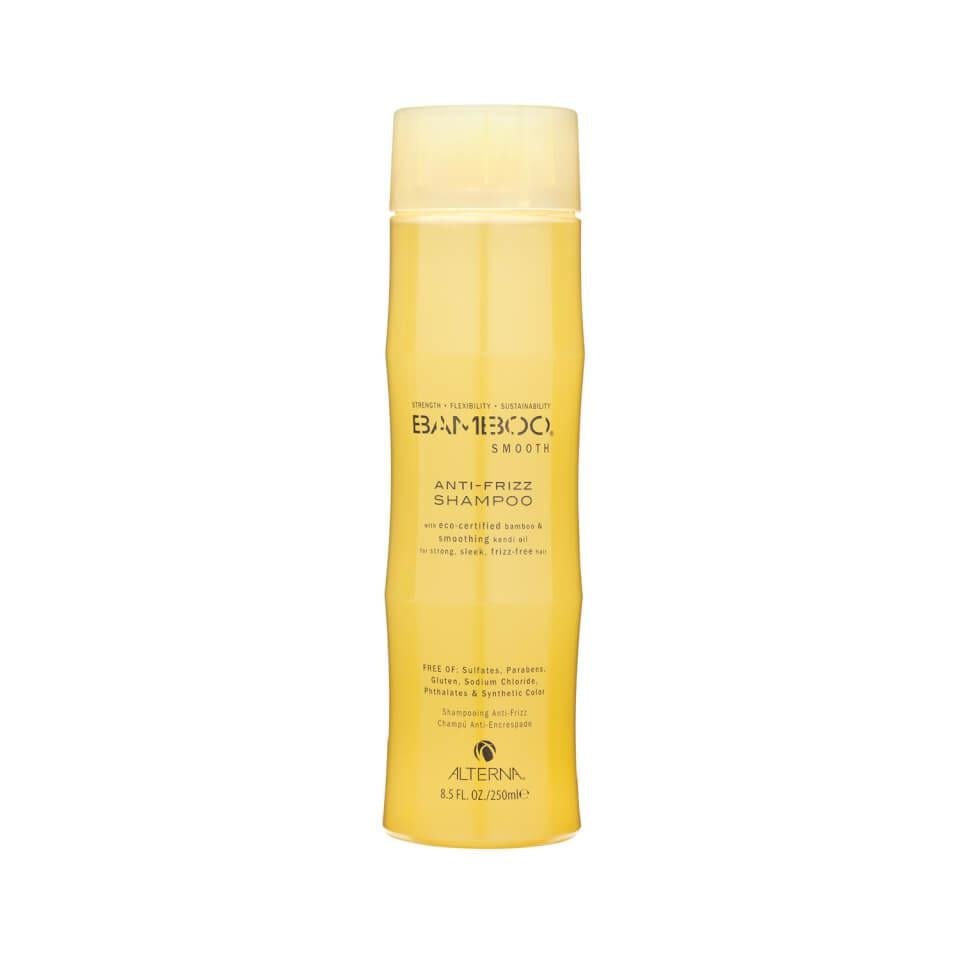 Bottle of Alterna Bamboo Smooth Anti-Frizz Shampoo in yellow and white packaging