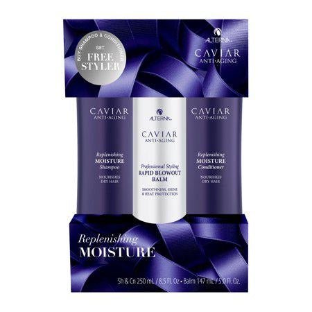 Alterna Caviar Anti-Aging Replenishing Moisture set with shampoo, conditioner, and styling balm in purple and white packaging