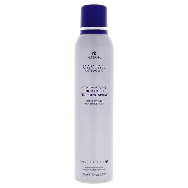 Alterna Caviar Anti-Aging High Hold Finishing Hairspray in a metallic silver canister with a royal blue cap.