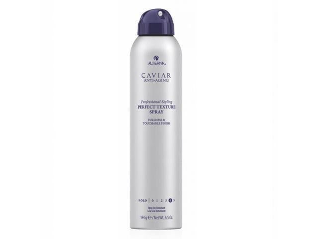Alterna Caviar Professional Styling Perfect Texture Spray in metallic silver and navy blue bottle