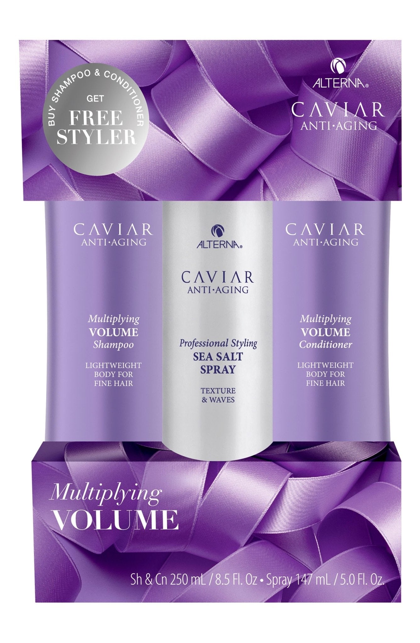Alterna Caviar Anti-Aging Multiplying Volume set in purple and silver packaging