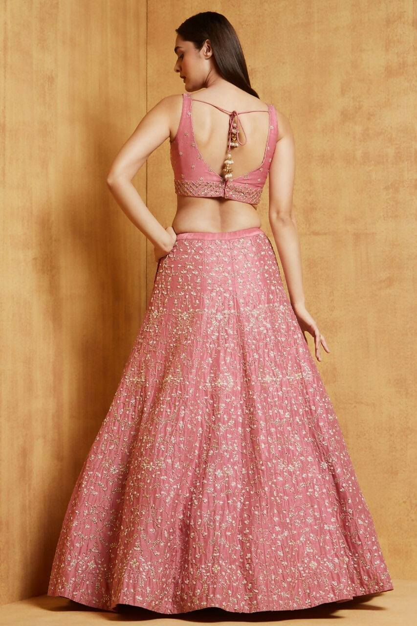 Peach Malai Satin Silk Lehenga Choli with Zari Sequins Embroidery