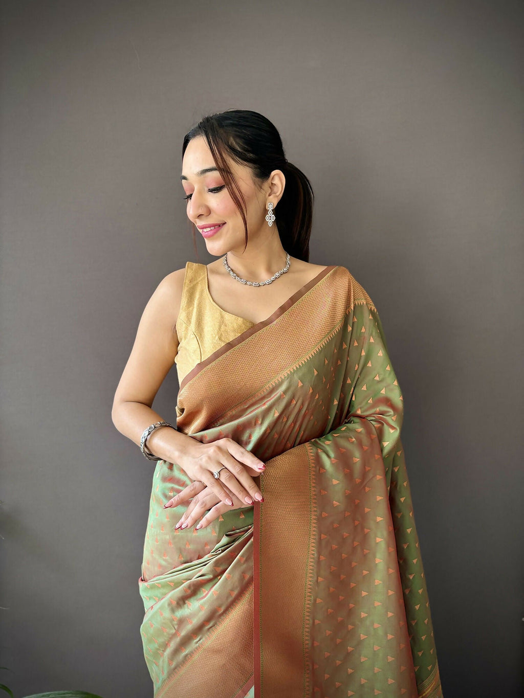 Olive Green Jacquard Butti Soft Lichi Silk Paithani Saree