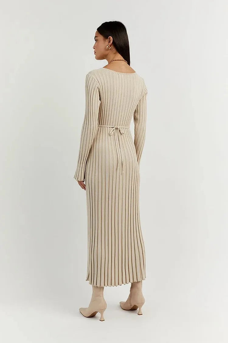 Women's Ribbed Knit Long Sleeve V-Neck Maxi Dress - Image 9