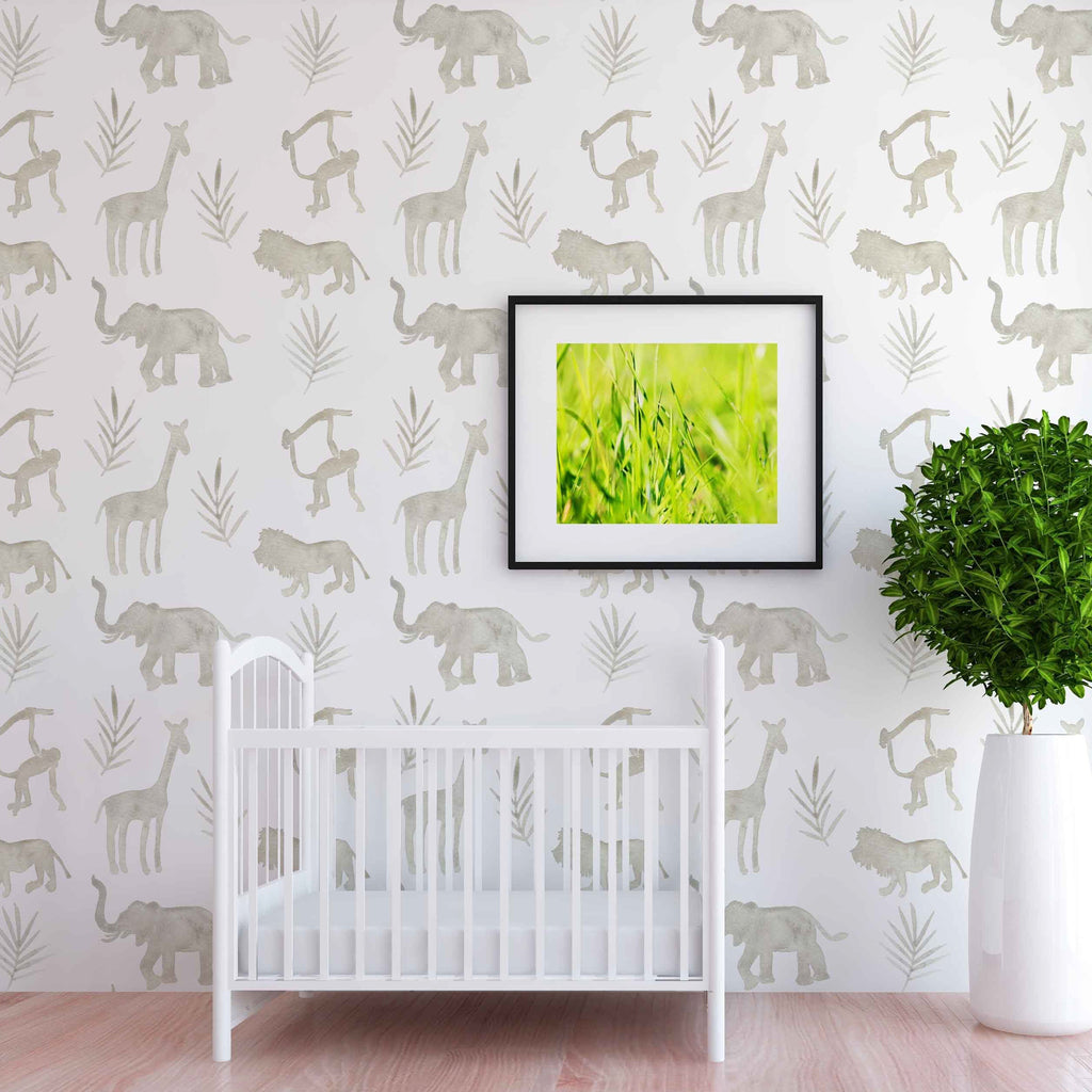 Simba Safari Animal Print Wallpaper in Taupe and White