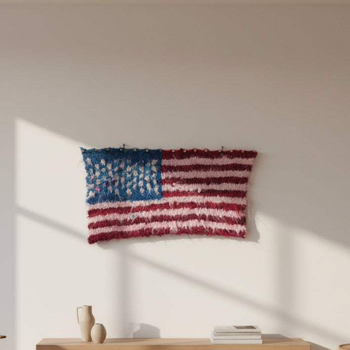 A finished American flag wall hanging created with the knitting pattern, displayed in a modern, rustic living room setting.