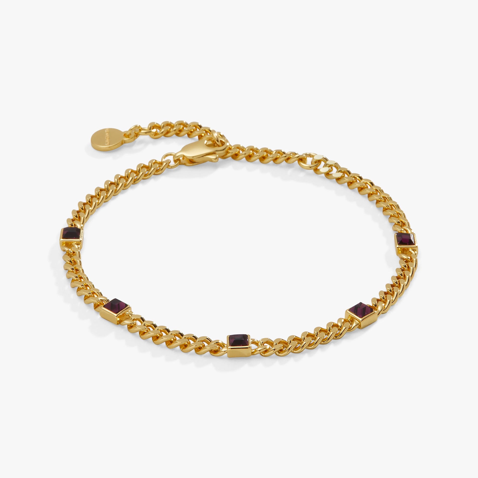 February birthstone bracelet in gold tone with a purple amethyst center stone