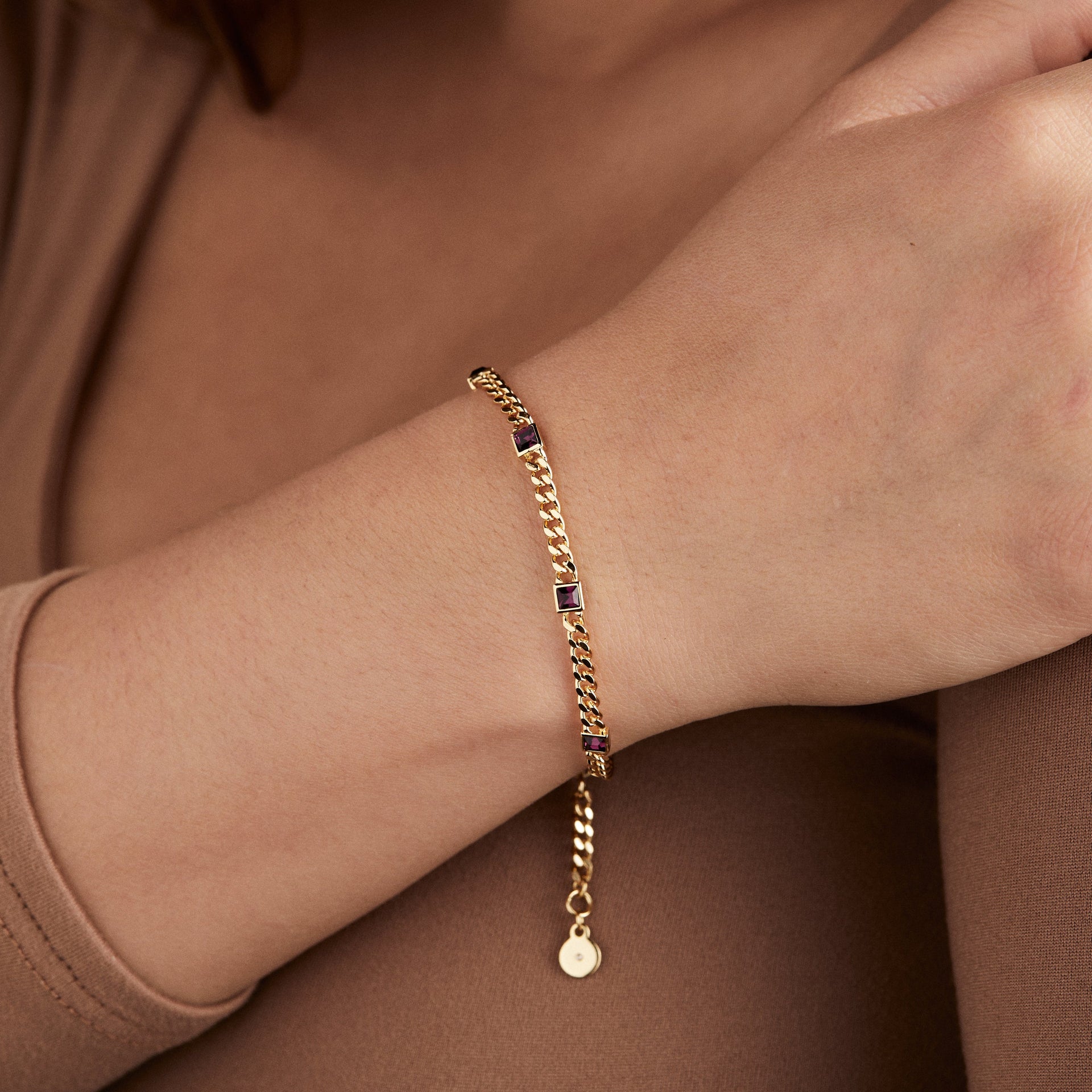February Birthstone Amethyst Curb Chain Bracelet - Gold Tone