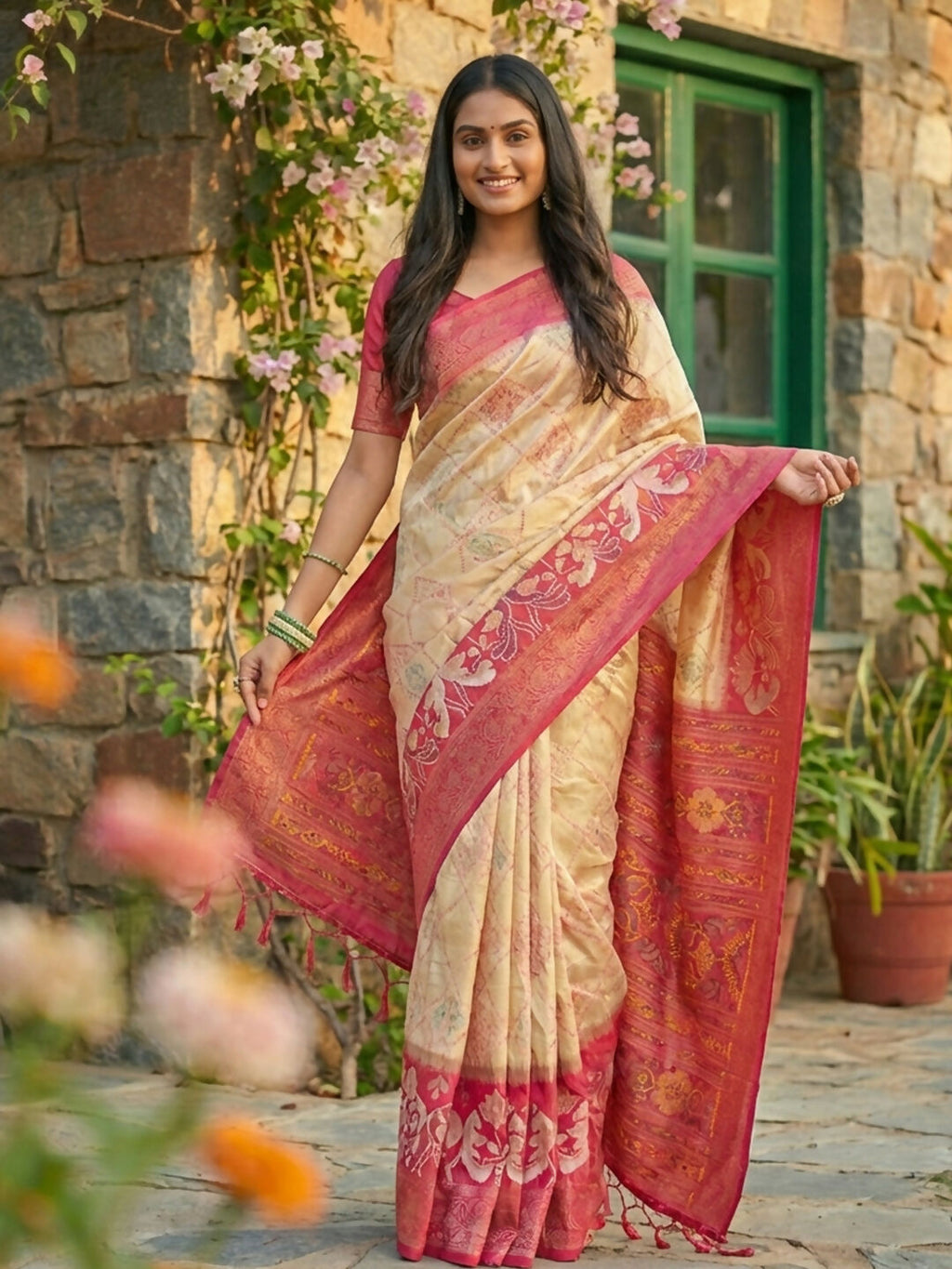 Cream Pochampally Silk Saree with Matching Blouse