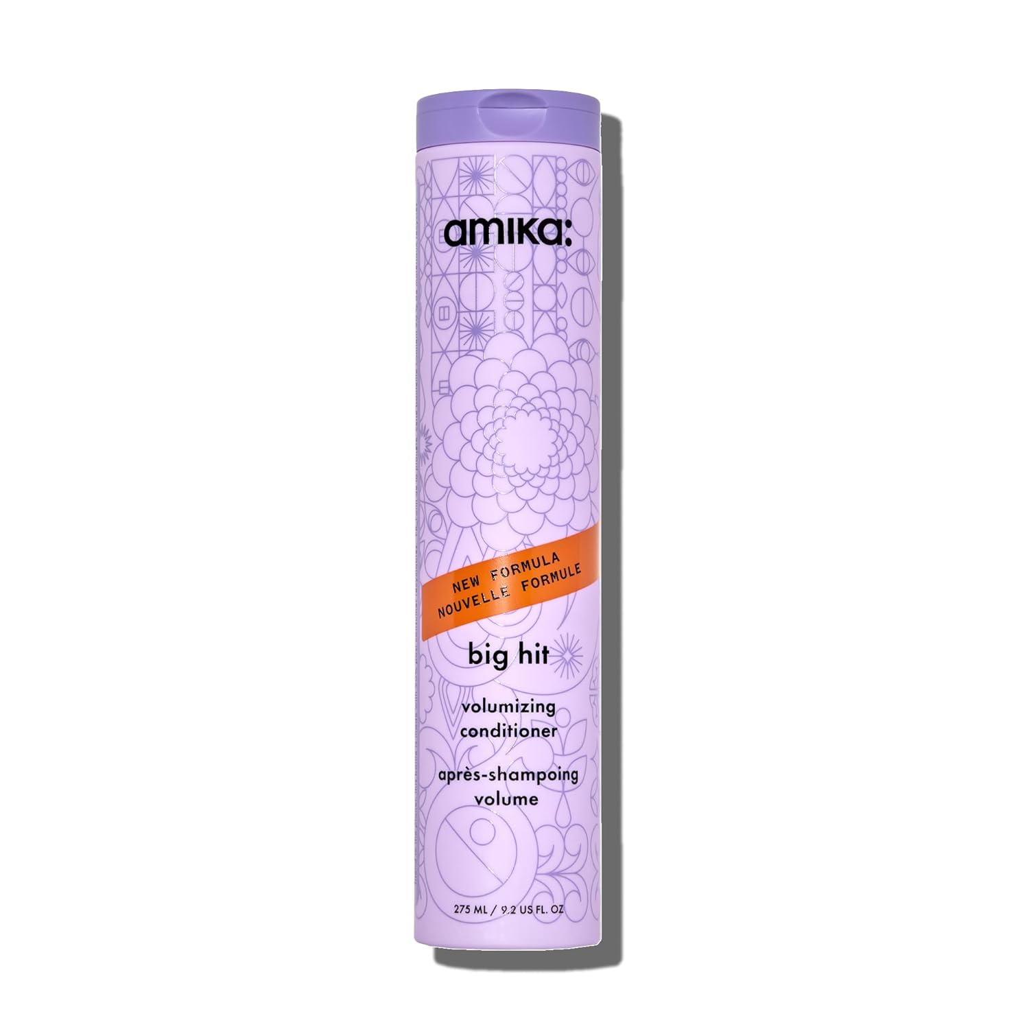 Amika Big Hit Volumizing Conditioner in lavender and orange packaging