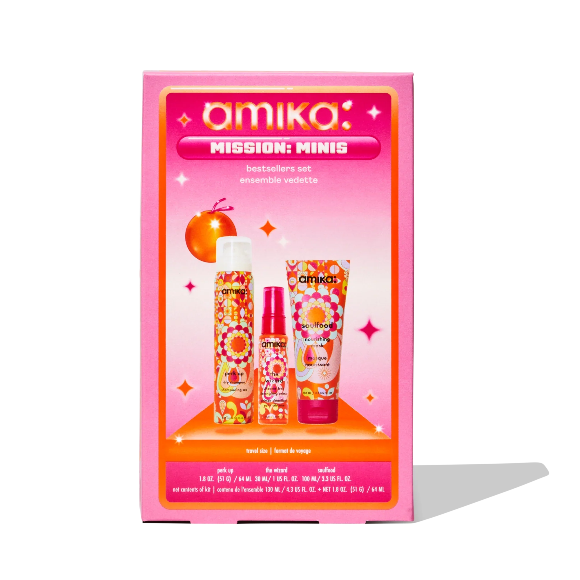 Amika Mission: Minis Bestsellers Set featuring three travel-sized hair care bottles