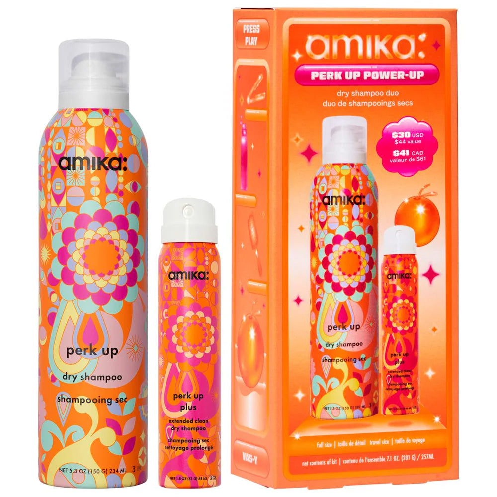 Amika Perk Up Power-Up dry shampoo duo featuring colorful geometric packaging