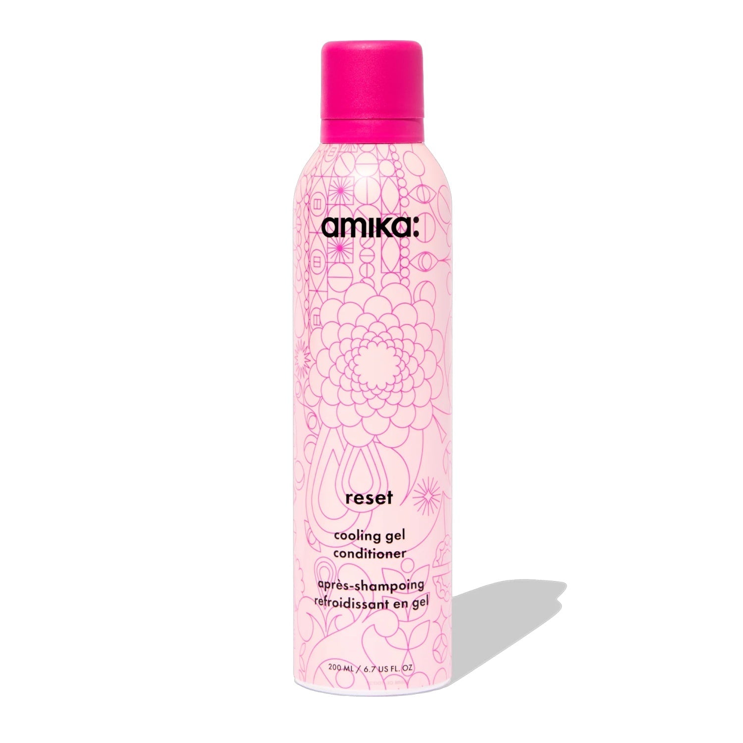 Amika Reset Cooling Gel Conditioner in a modern pink bottle, 6.7 oz size.
