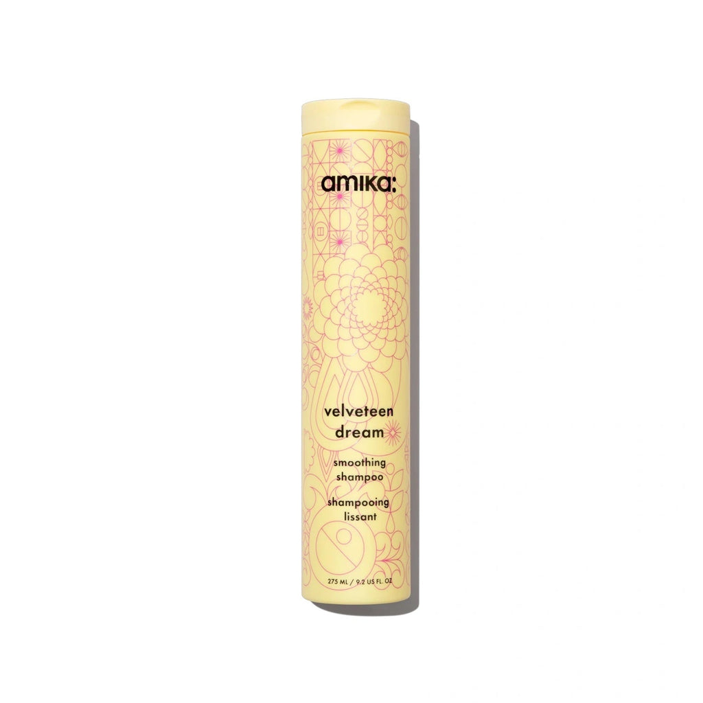 Amika Velveteen Dream Smoothing Shampoo bottle for frizz-free hair care