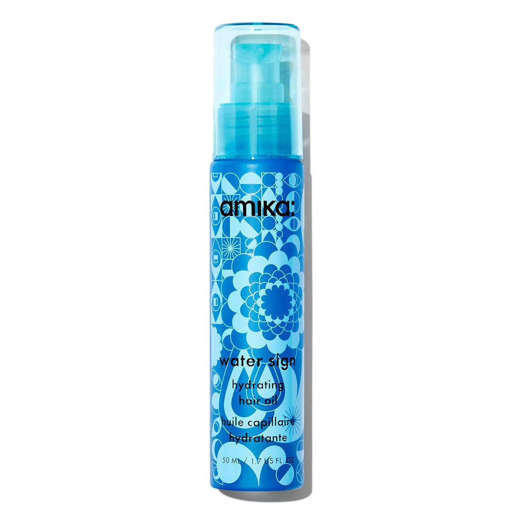 Amika Water Sign Hydrating Hair Oil bottle, blue aesthetic design.