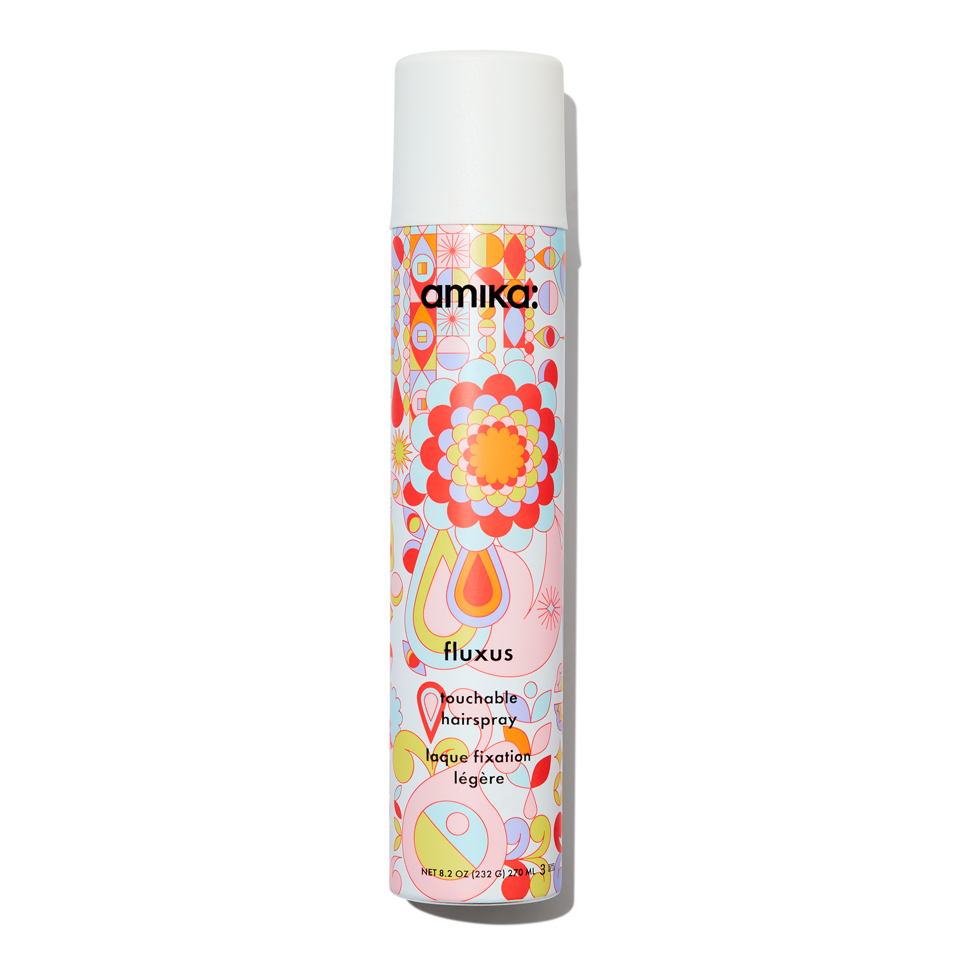 Amika Fluxus Touchable Hairspray 8.2oz with vibrant abstract pattern