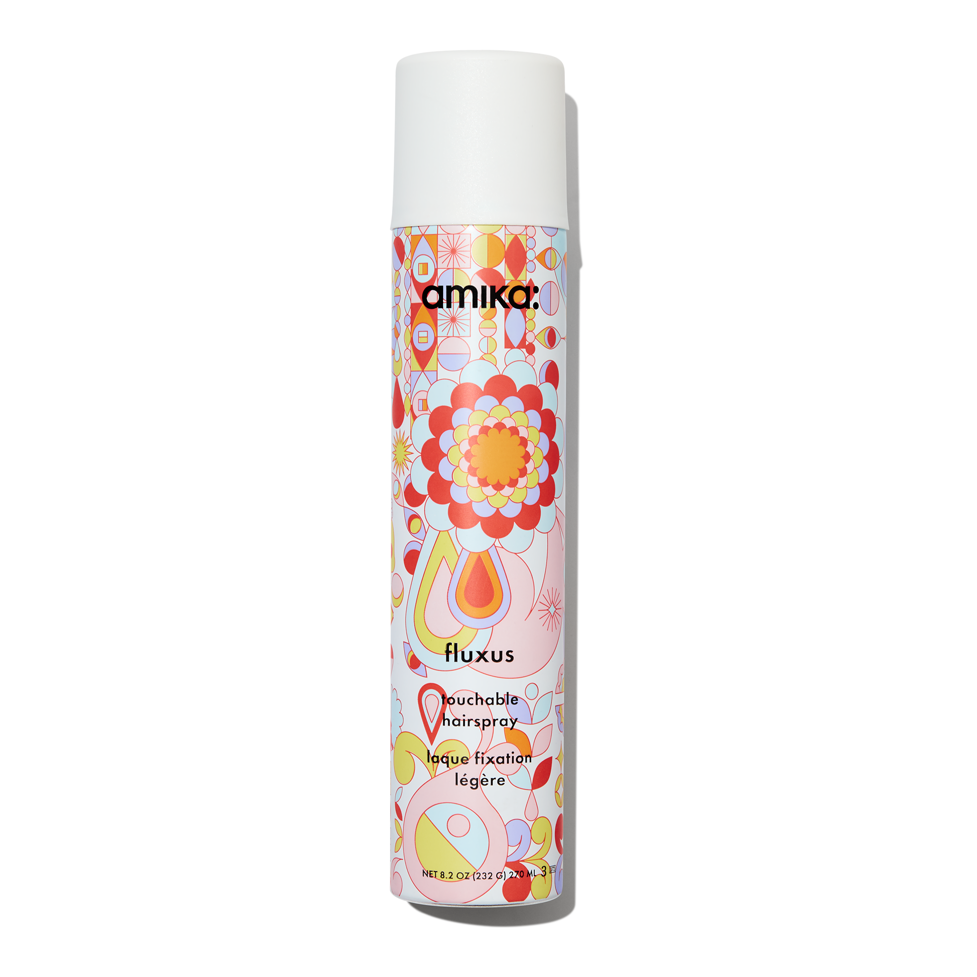 Amika Fluxus Touchable Hairspray 8.2oz with vibrant abstract pattern