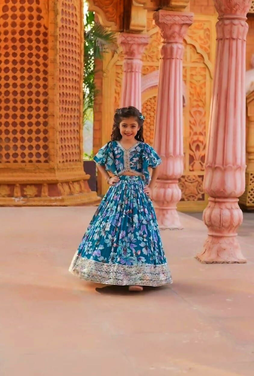 Girls Blue Faux Georgette Sequins Embroidered Lehenga Choli