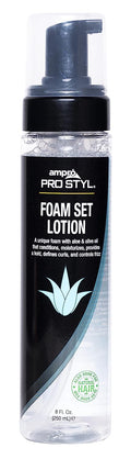 AmPro PRO STYL Foam Set Lotion in an 8 fl oz clear bottle with a black label and blue aloe design elements.