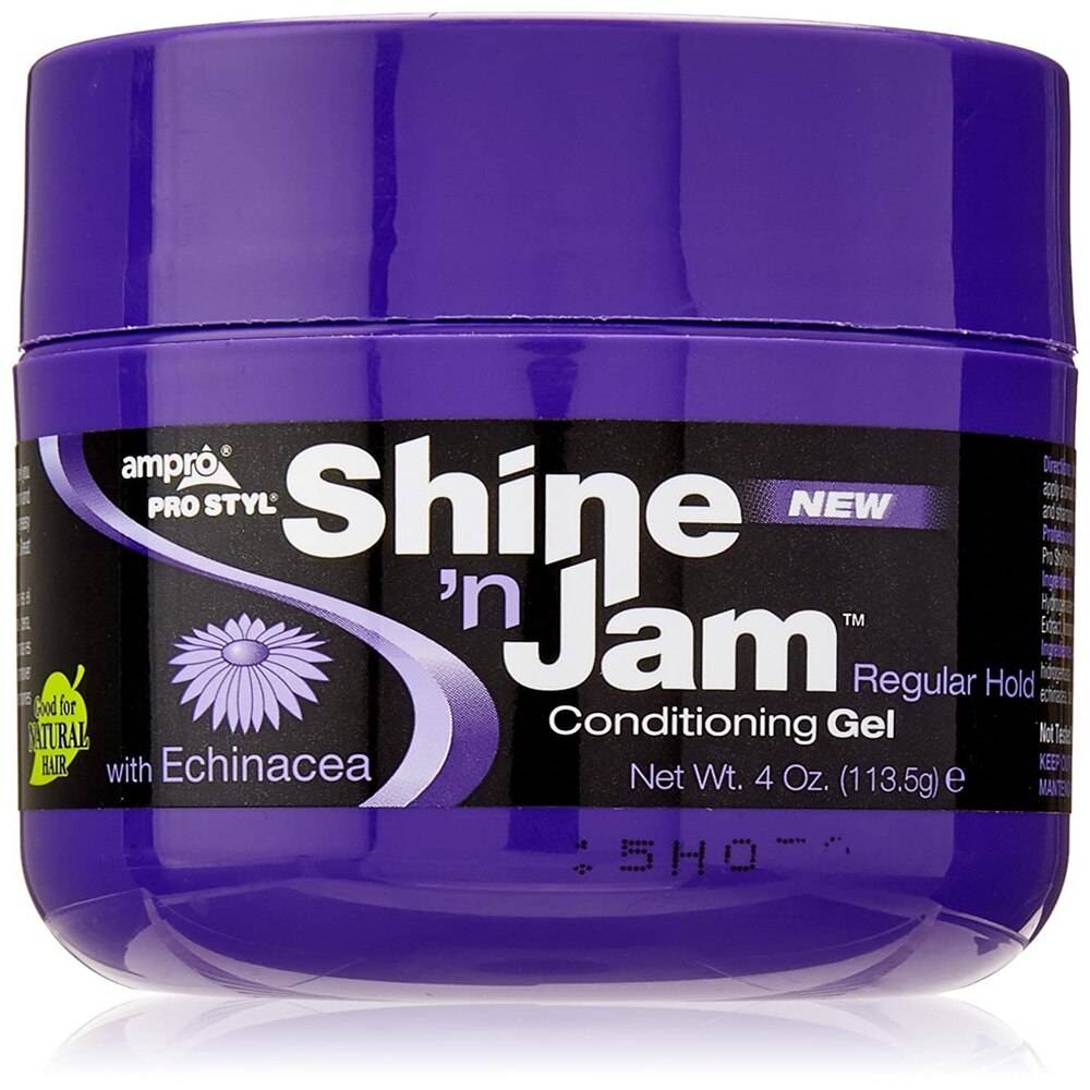 Ampro Shine 'n Jam Regular Hold Conditioning Gel 4oz jar in purple packaging