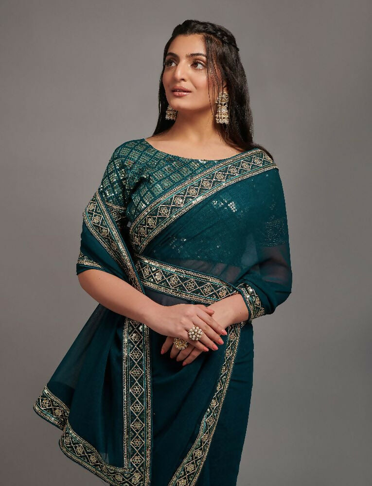 Petrol Blue Zometo Embroidery Lace Saree with Gold Accents