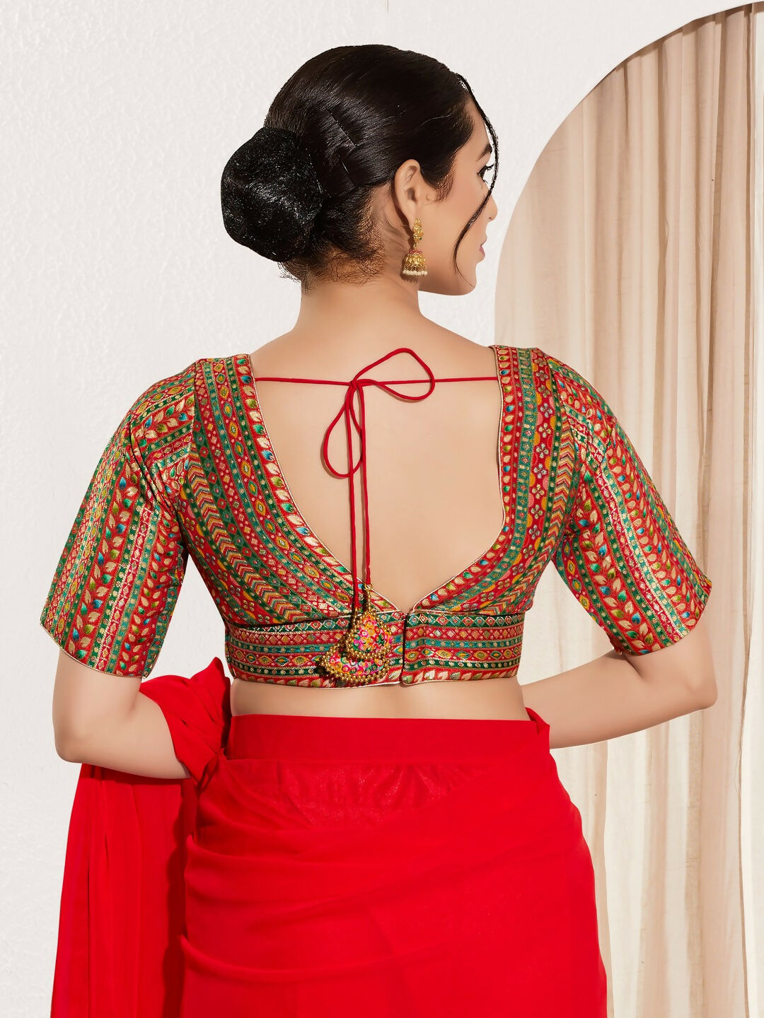 Red Multi Brocade Padded Blouse with V-Neck and Elbow Sleeves