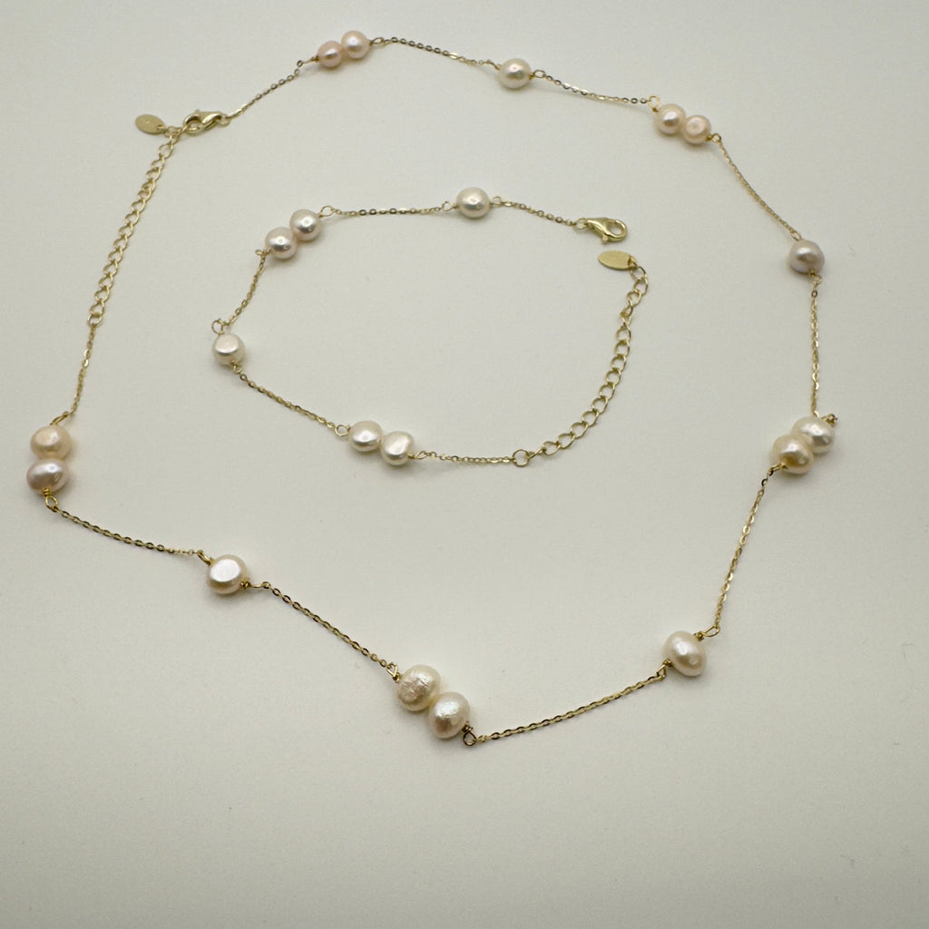Luxe Pearl Station Necklace & Bracelet Jewelry Set - 925 Sterling Silver 14K Gold Plated