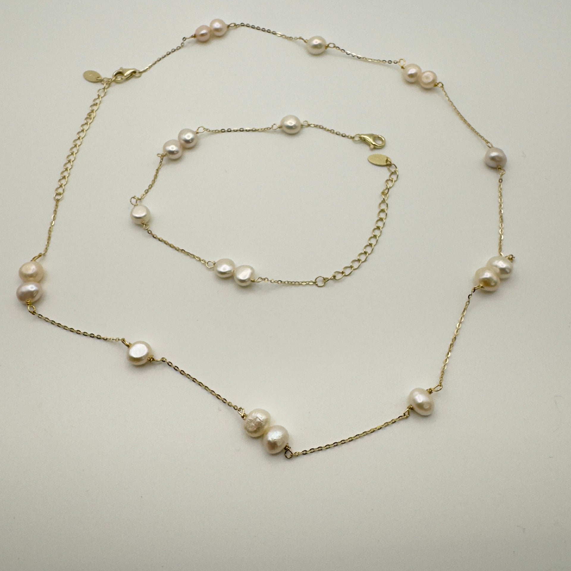 Luxe Pearl Station Necklace & Bracelet Jewelry Set - 925 Sterling Silver 14K Gold Plated