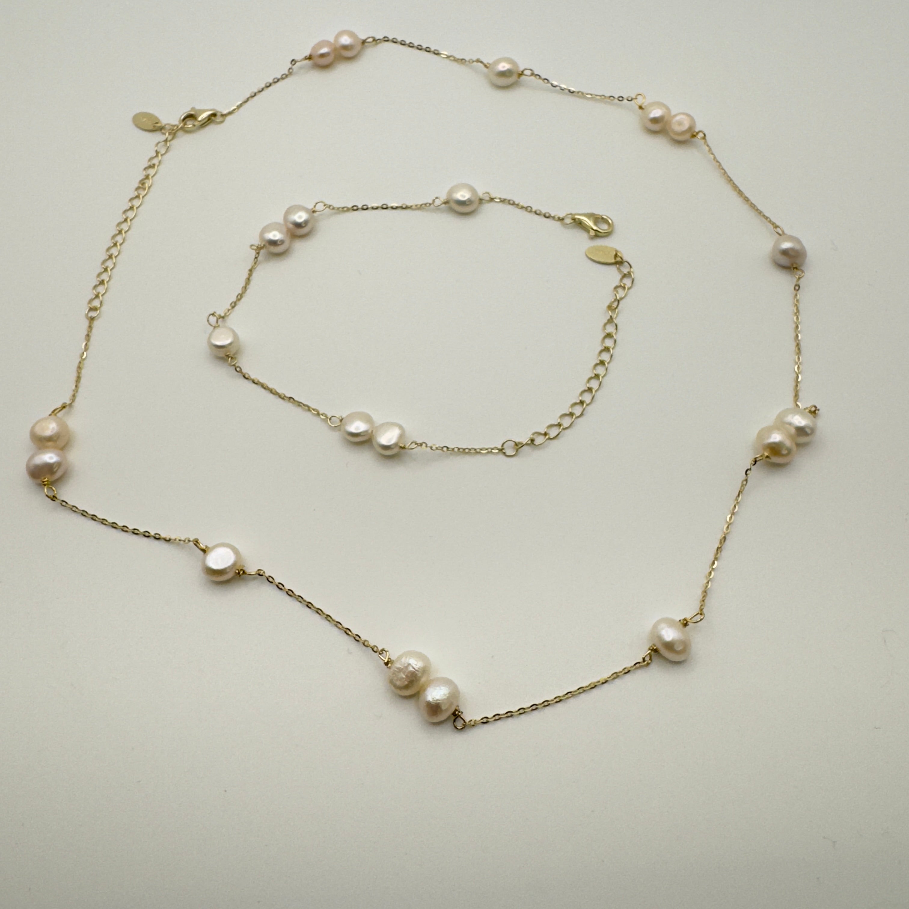 Luxe Pearl Station Necklace & Bracelet Jewelry Set - 925 Sterling Silver 14K Gold Plated
