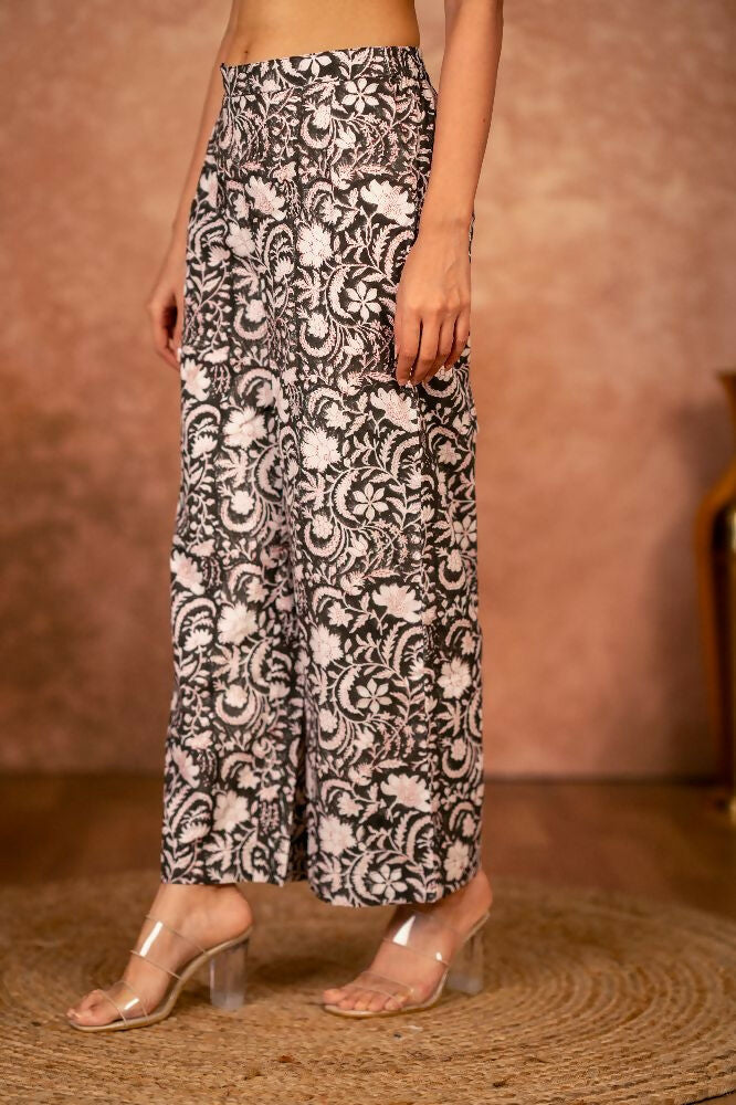Black Floral Hand Block Printed Cotton Kurta and Pant Set
