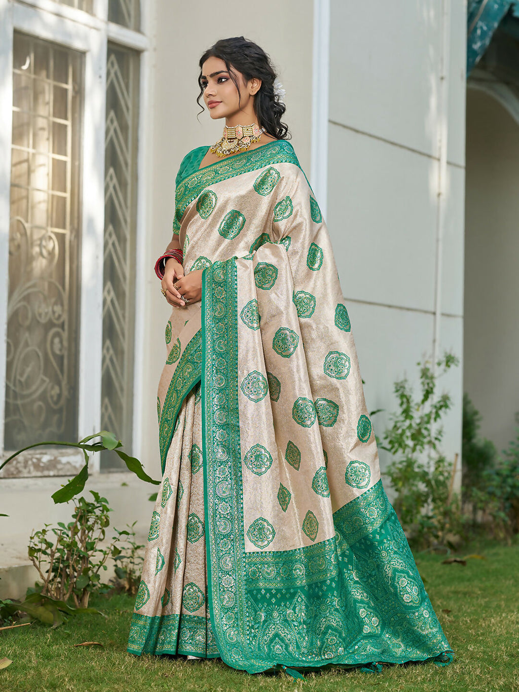 Cream and Sea Green Silk Blend Saree Elegant Ethnic Drape