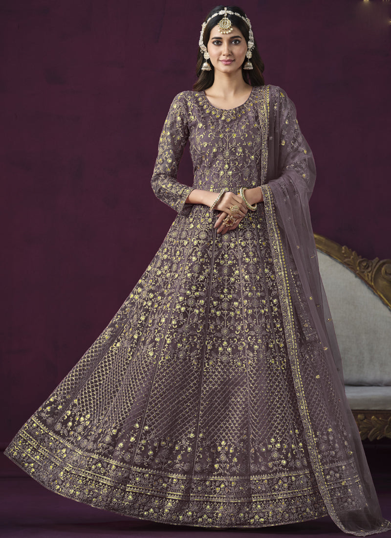 Purple Net Embroidered Anarkali Suit Set for Women