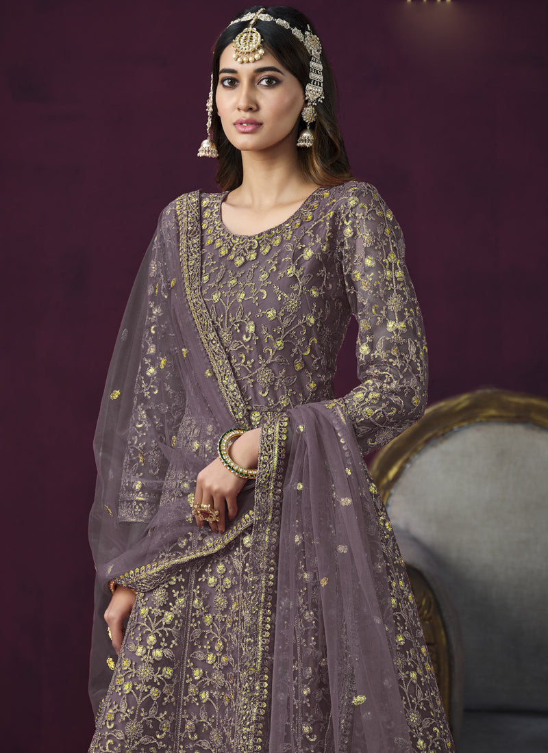Purple Net Embroidered Anarkali Suit Set for Women