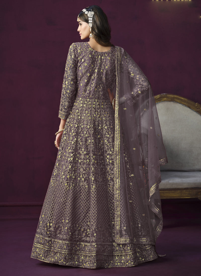 Purple Net Embroidered Anarkali Suit Set for Women