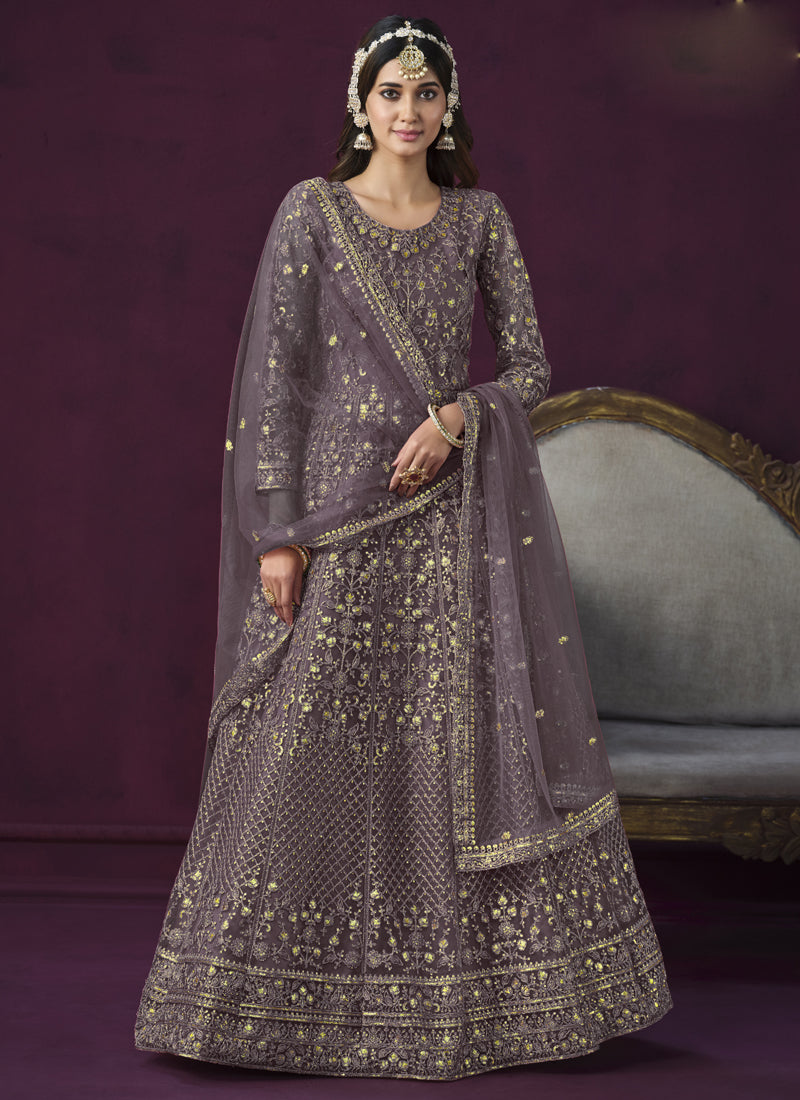 Purple embroidered net Anarkali suit with 46-inch kurta and matching dupatta