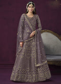 Purple embroidered net Anarkali suit with 46-inch kurta and matching dupatta