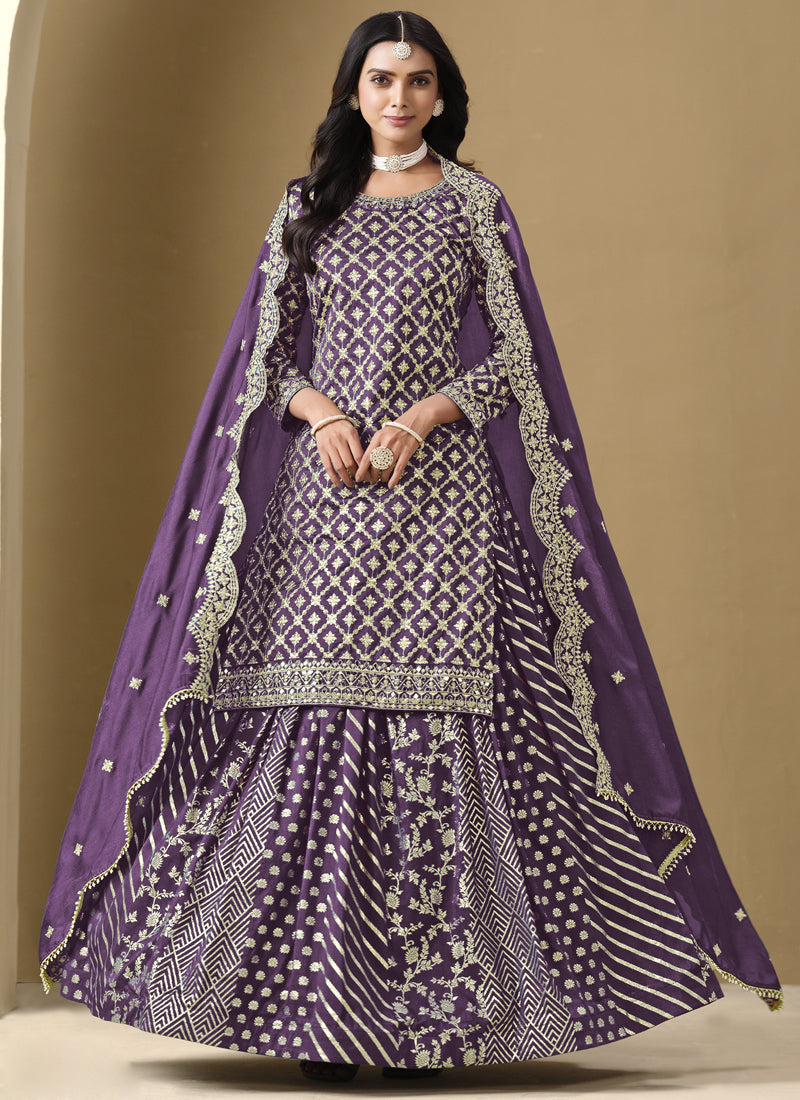 Purple Art Silk Embroidered Lehenga Style Suit