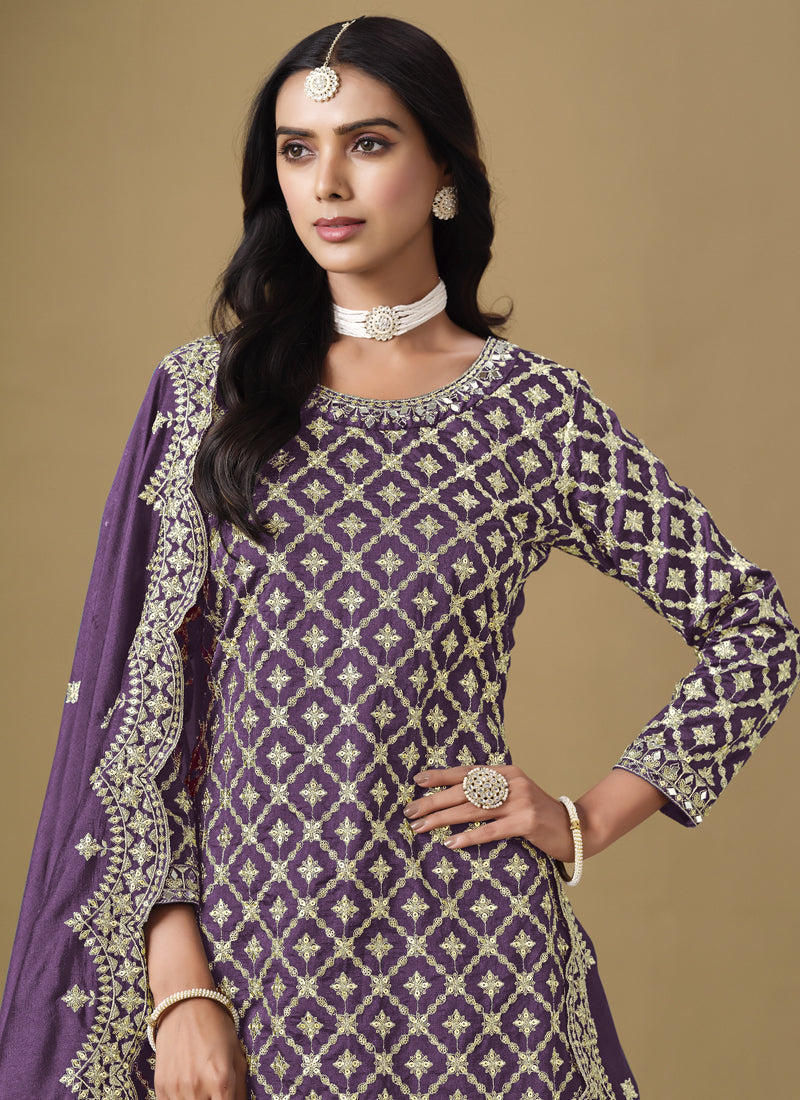 Purple Art Silk Embroidered Lehenga Style Suit
