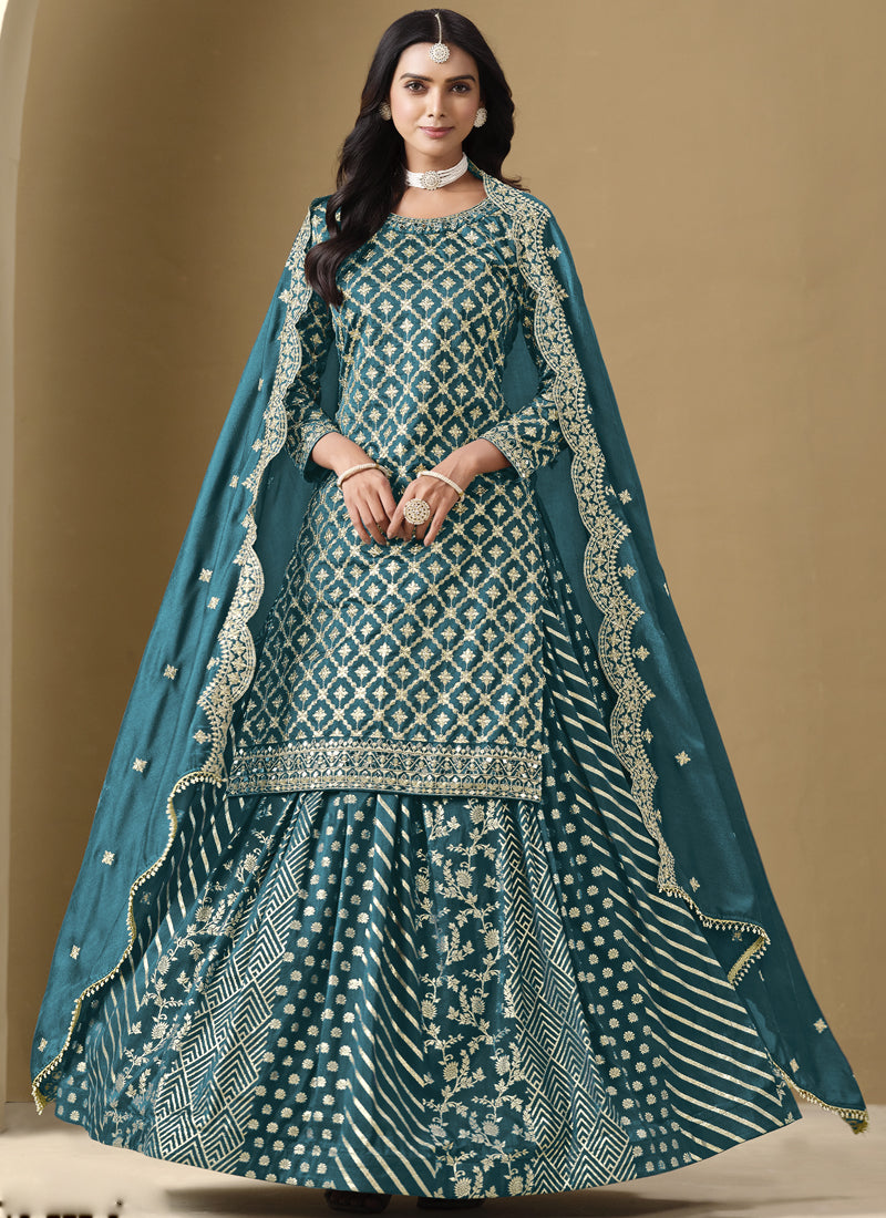 Turquoise Art Silk Lehenga Style Suit with Gota Patti Embroidery