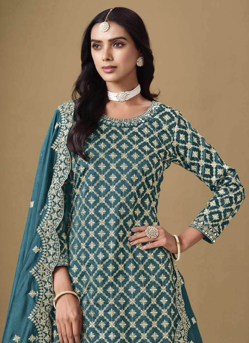 Turquoise Art Silk Lehenga Style Suit with Gota Patti Embroidery