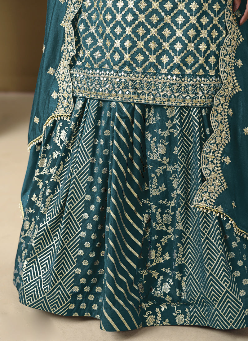 Turquoise Art Silk Lehenga Style Suit with Gota Patti Embroidery