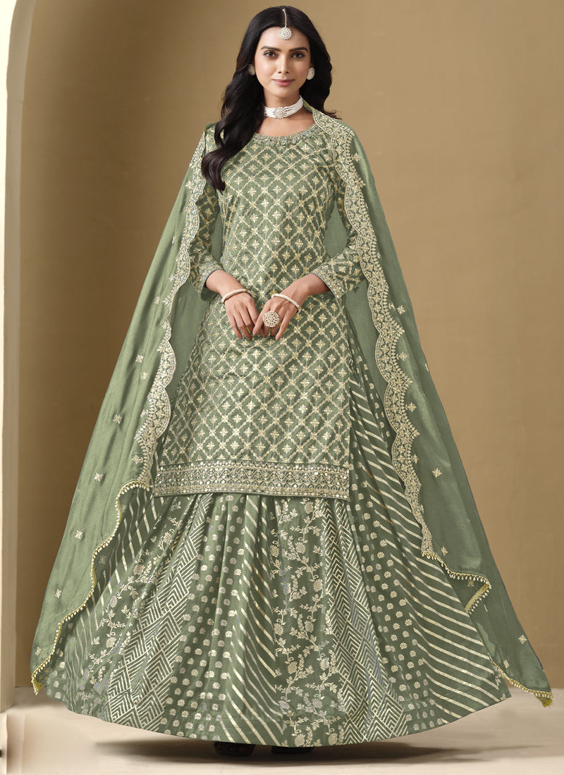 Light Green Art Silk Embroidered Lehenga Style Suit